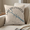 Pillow with Lake Greenwood South Carolina map design and compass graphic.