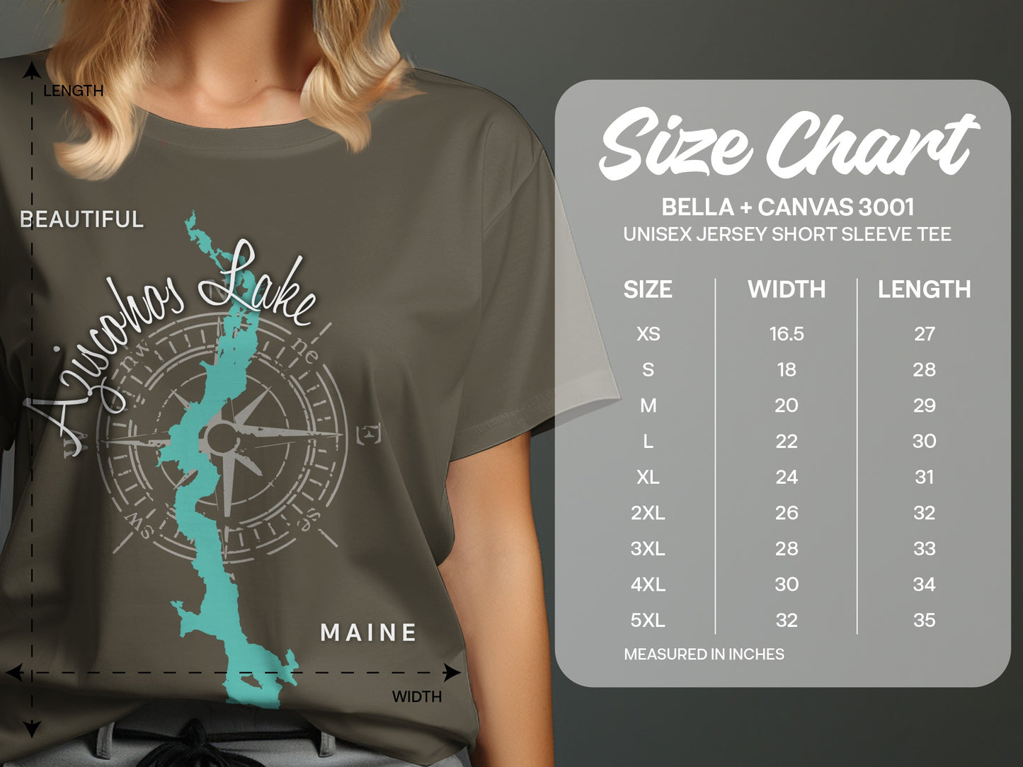 T-shirt featuring Aziscohos Lake map graphic and size chart details.