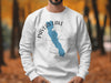 White sweatshirt with blue Pavlas Lake map and compass graphic, "Wisconsin" text.