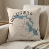 Light beige pillow with a blue map of Lake Eufaula, Oklahoma and compass rose.