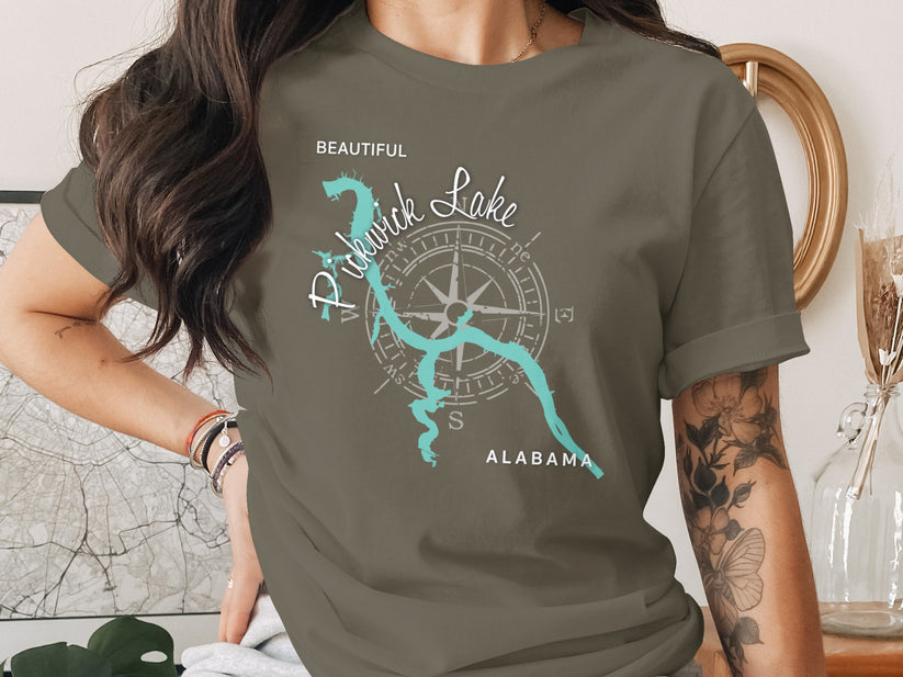 T-shirt with a compass rose and Pickwick Lake, Alabama map design.