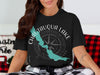 Black t-shirt with Chautauqua Lake shape, compass, and "New York" text.