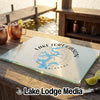 Glass cutting board featuring a blue map of Lake Fort Gibson and a compass rose design.