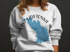 White sweatshirt featuring a blue map of Lake Lawtonka and compass rose.