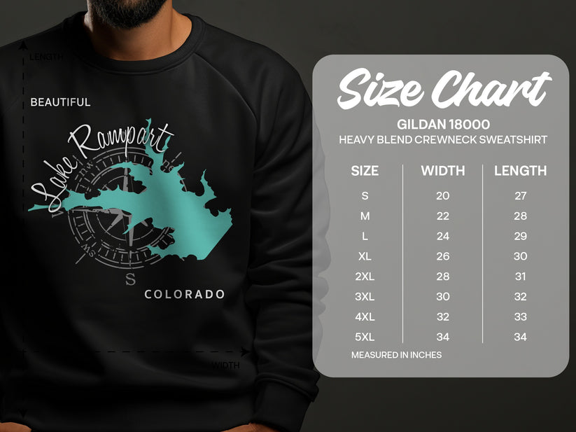 Lake Rampart Colorado graphic on sweatshirt, with Gildan 18000 size chart.