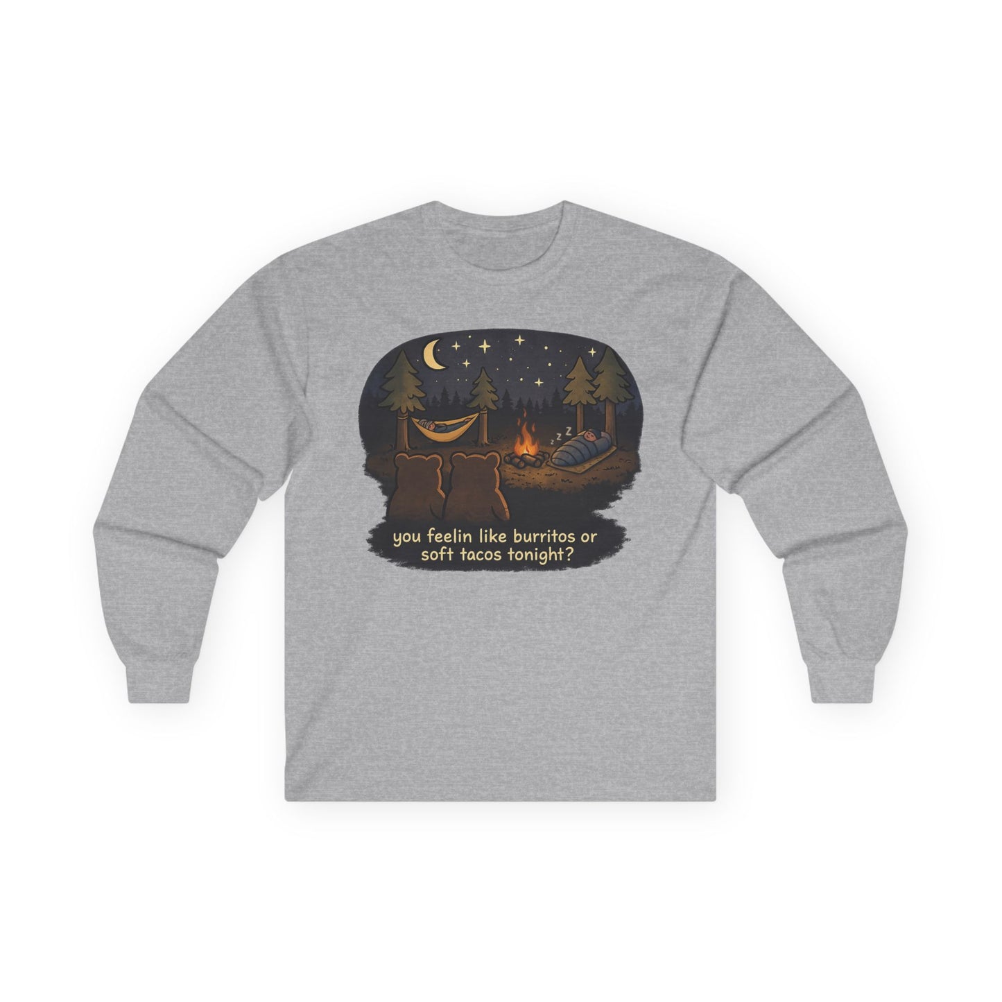 Campfire Bears Humor Long Sleeve T-Shirt, People in Sleeping Bags are Bear Burritos and Tacos Joke, Camping Hiking Shirt