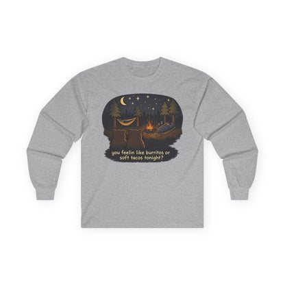 Campfire Bears Humor Long Sleeve T-Shirt, People in Sleeping Bags are Bear Burritos and Tacos Joke, Camping Hiking Shirt
