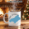 White mug with blue Lake Quinault shape, "Lake Lodge Media" logo, and Washington text.