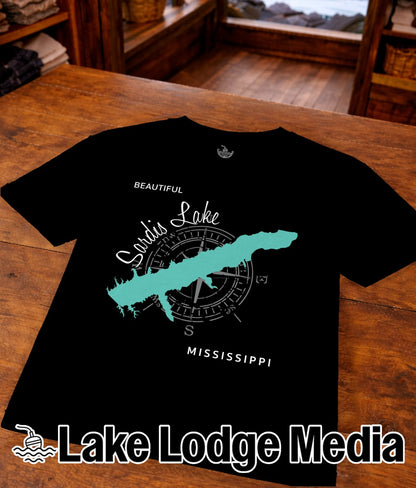 Black t-shirt with compass and outline of Sardis Lake, Mississippi.