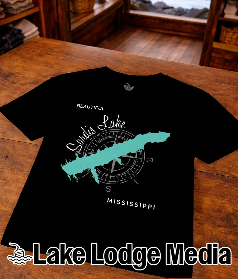Black t-shirt with compass and outline of Sardis Lake, Mississippi.