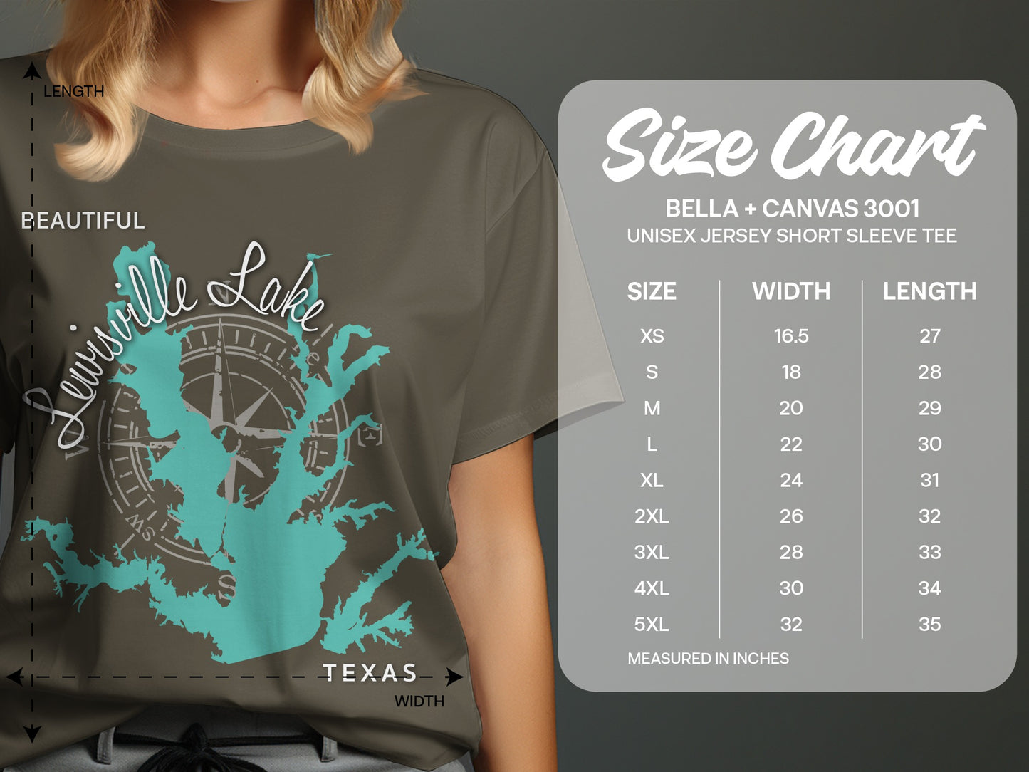 T-shirt size chart with Lewisville Lake graphic and measurement details.