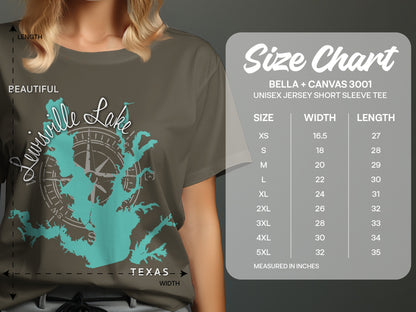 T-shirt size chart with Lewisville Lake graphic and measurement details.