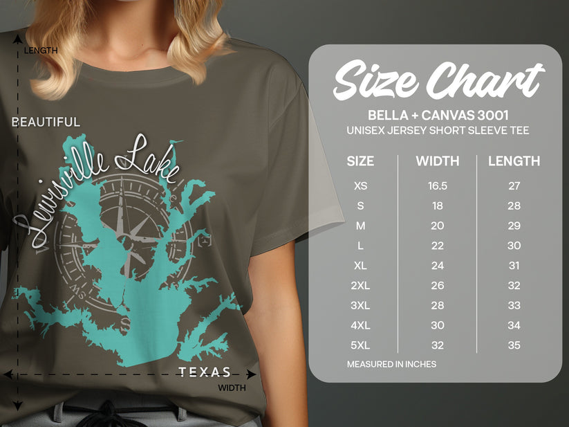 T-shirt size chart with Lewisville Lake graphic and measurement details.