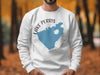 White sweatshirt with blue Lake Perris California map and compass design.
