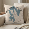 Pillow with Lake Massabesic map and compass graphic, "Lake Massabesic New Hampshire" text.