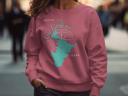 Lake Buchanan Texas map and compass graphic on a maroon sweatshirt.