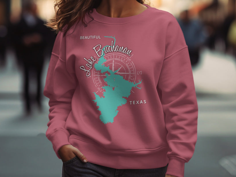 Lake Buchanan Texas map and compass graphic on a maroon sweatshirt.