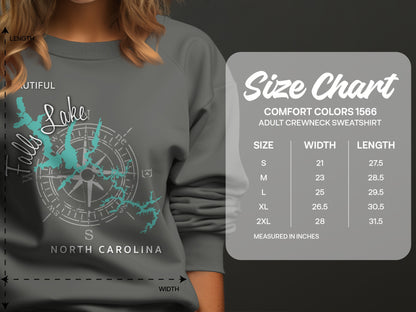 Comfort Colors 1566 sweatshirt size chart with measurements for chest width and length.