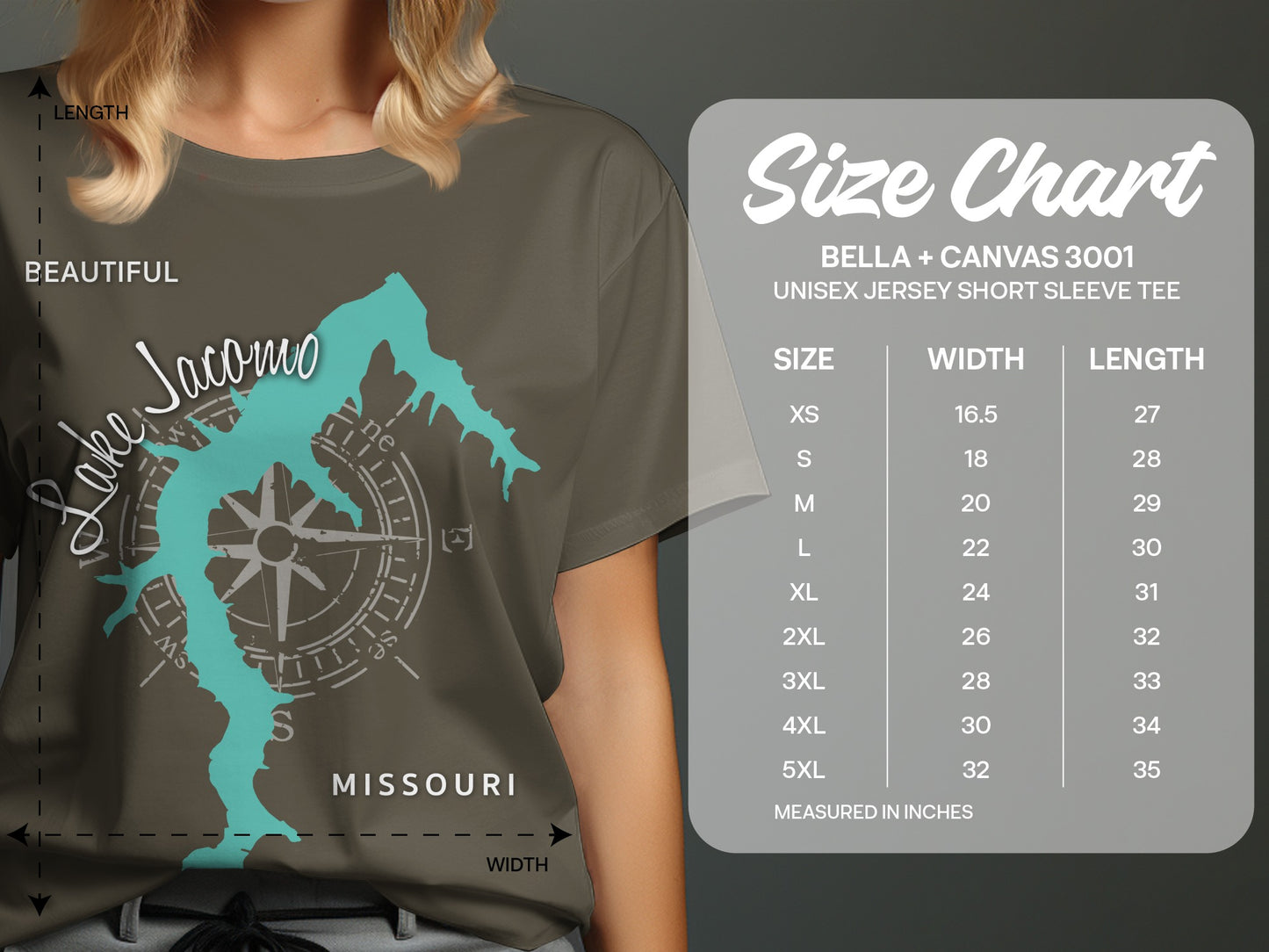 T-shirt with Lake Jacomo map and size chart for Bella + Canvas 3001 tee.