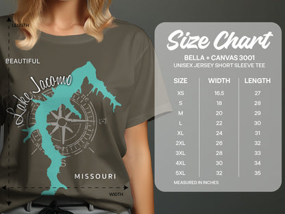 T-shirt with Lake Jacomo map and size chart for Bella + Canvas 3001 tee.