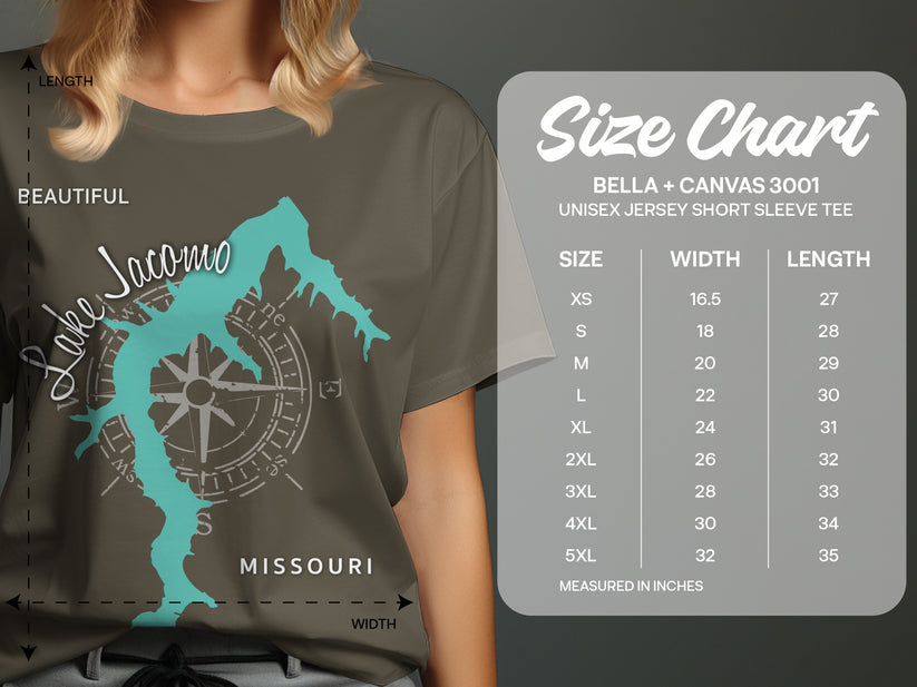 T-shirt with Lake Jacomo map and size chart for Bella + Canvas 3001 tee.