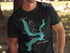 Black t-shirt with teal map of Kaw Lake, Oklahoma and compass rose.