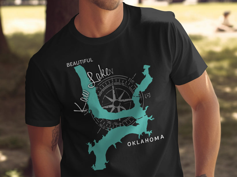 Black t-shirt with teal map of Kaw Lake, Oklahoma and compass rose.