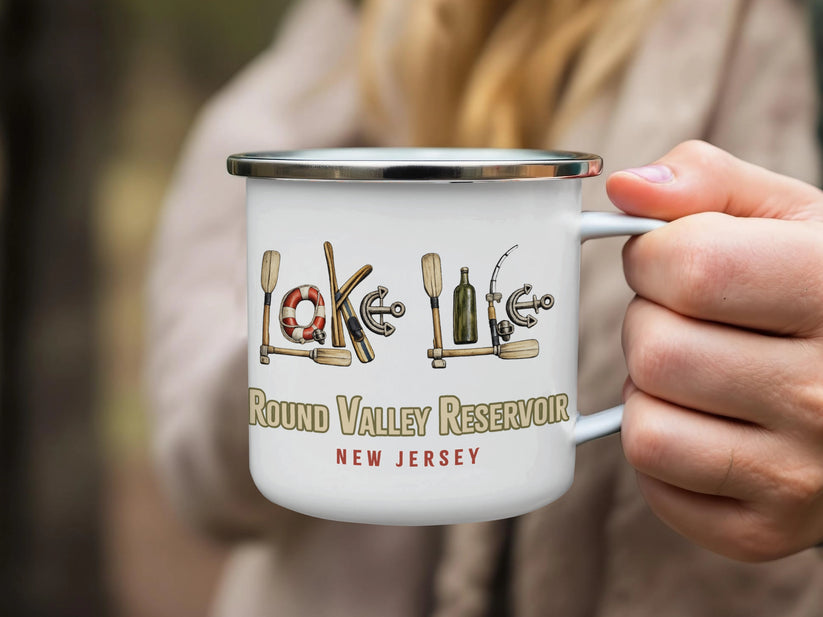 Enamel mug with "Lake Round Valley Reservoir New Jersey" and nautical graphics.