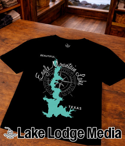Black t-shirt with "Eagle Mountain Lake" text and lake outline graphic.