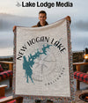 New Hogan Lake California map and compass design woven throw blanket.