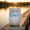 A white insulated wine tumbler featuring a blue map graphic and Big Bear Lake California text.