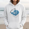 White hoodie with Mono Lake California map graphic and compass detail.