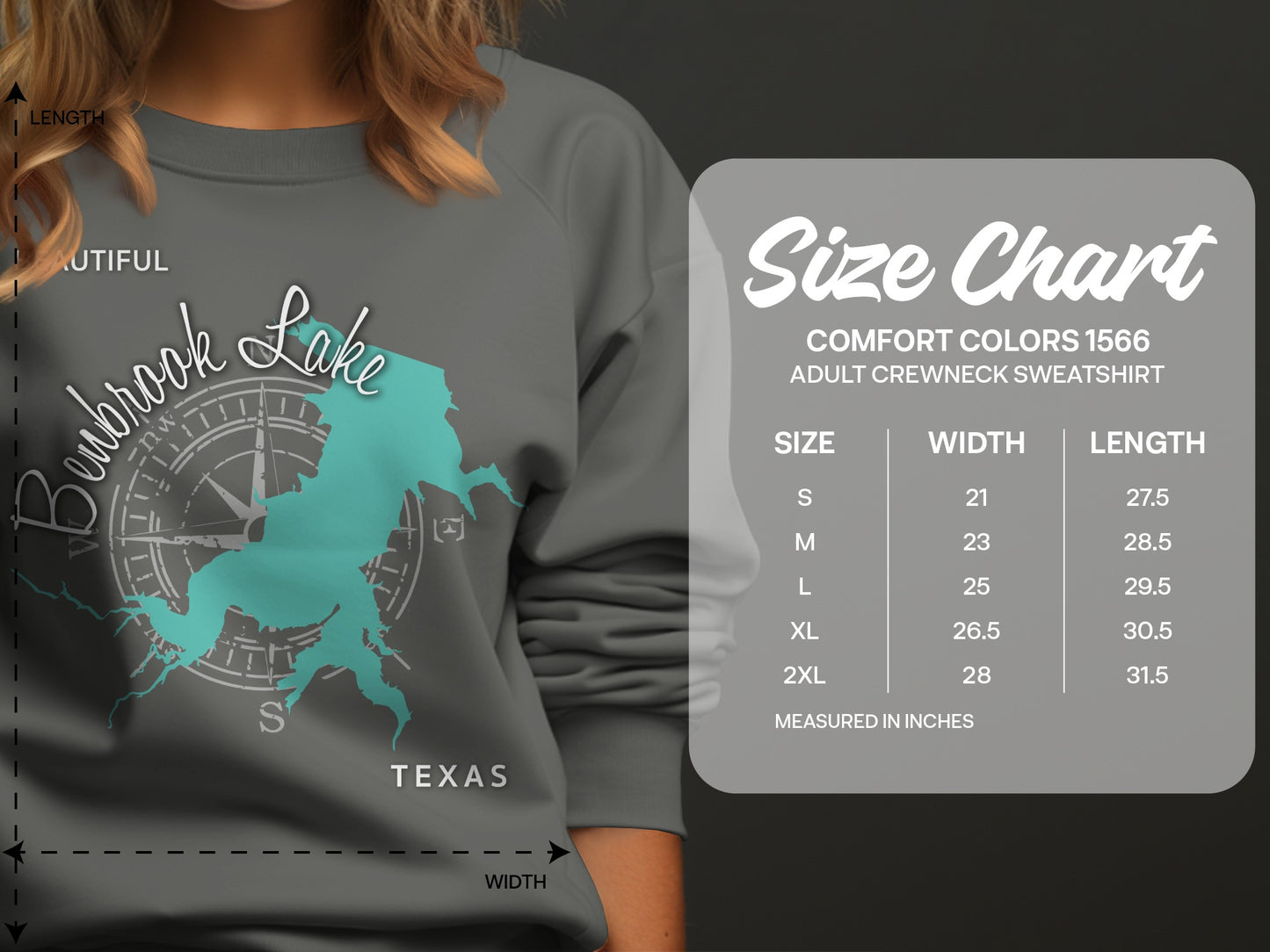 Size chart for Comfort Colors 1566 adult crewneck sweatshirt.