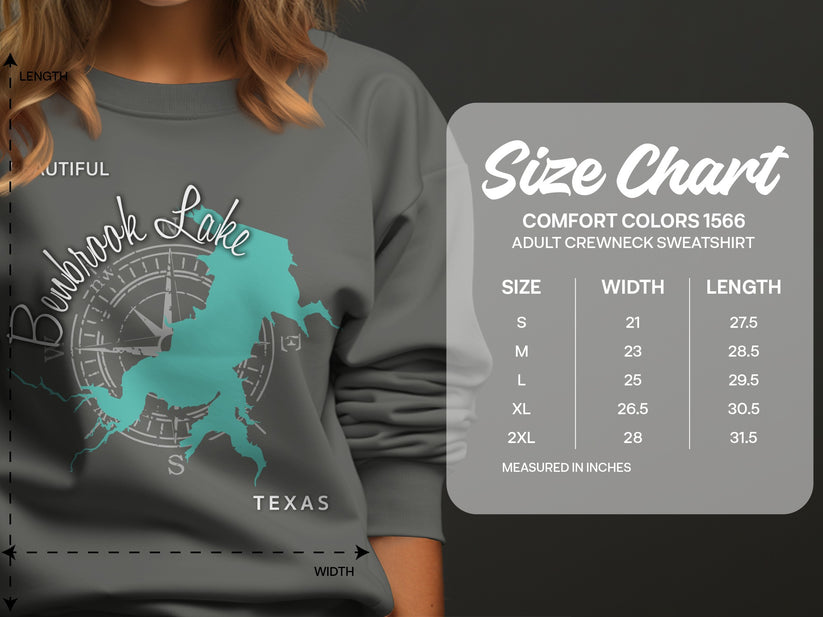 Size chart for Comfort Colors 1566 adult crewneck sweatshirt.