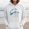 White hoodie with blue Buckeye Lake and compass design, Ohio text.