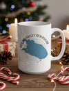 White mug with blue Round Valley Reservoir map and text.