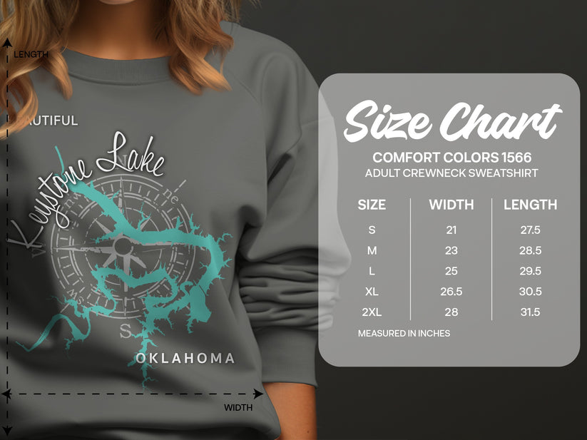 Keystone Lake graphic on gray sweatshirt with size chart.