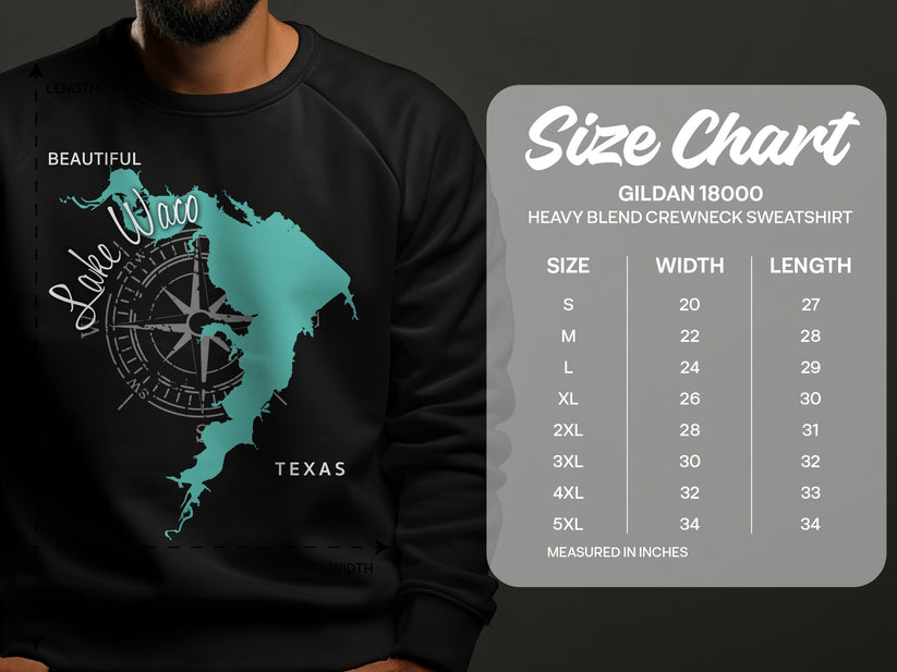 Lake Waco outline with compass rose on sweatshirt, size chart.
