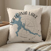 Light beige throw pillow with blue Pokegama Lake map and compass graphic.