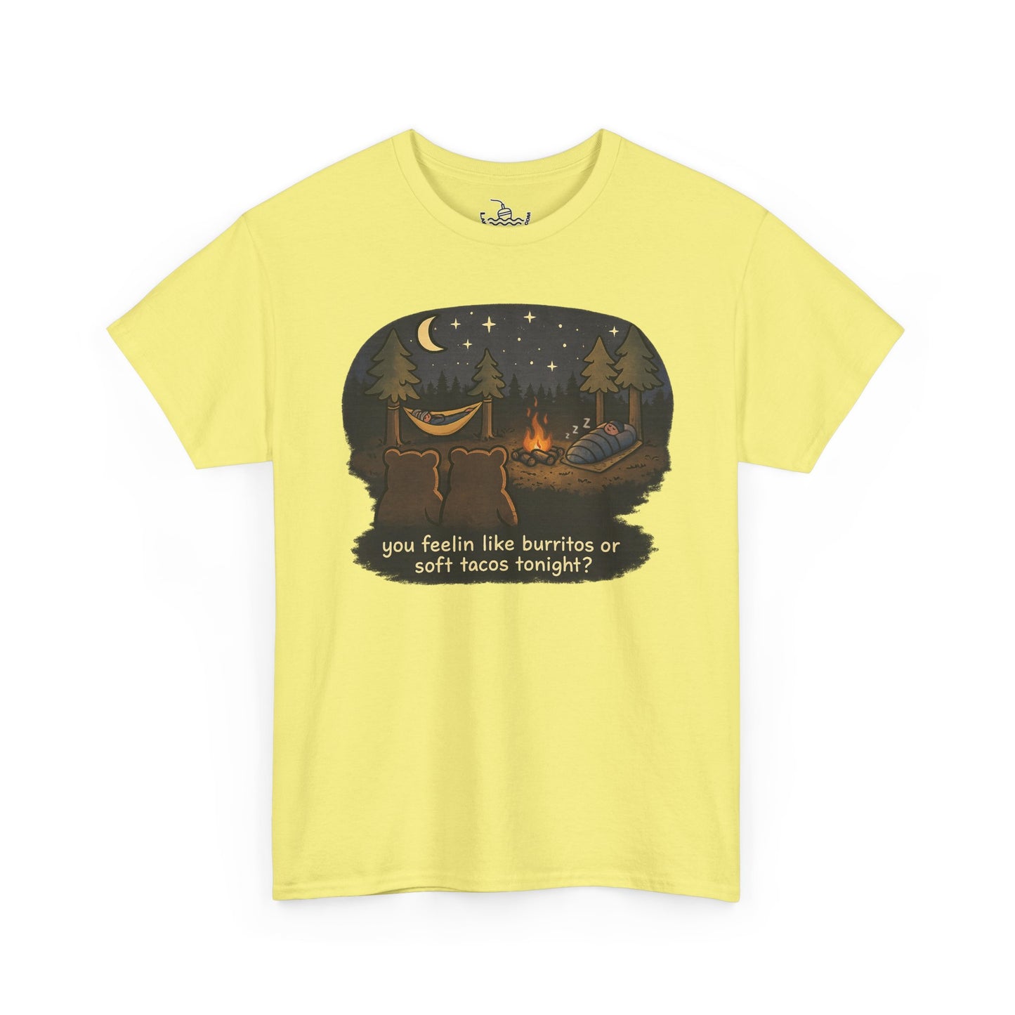 Campfire Bears Humor T-Shirt, People in Sleeping Bags are Bear Burritos and Tacos Joke, Camping Hiking Smores Bonfire Apparel