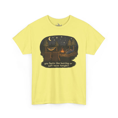 Campfire Bears Humor T-Shirt, People in Sleeping Bags are Bear Burritos and Tacos Joke, Camping Hiking Smores Bonfire Apparel