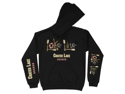 Black hoodie with Crater Lake Oregon text and nautical icons.