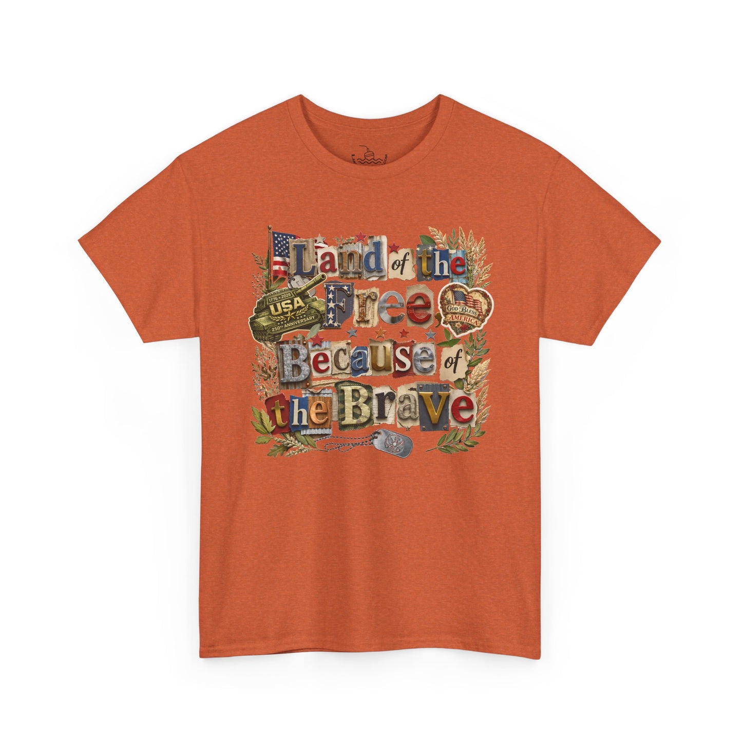 USA 250th Anniversary Land of the Free Because of the Brave T-Shirt | Patriotic Fourth of July Scrapbook Collage Design
