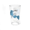 Clear glass pint glass with Forest Lake, Minnesota map and compass design.