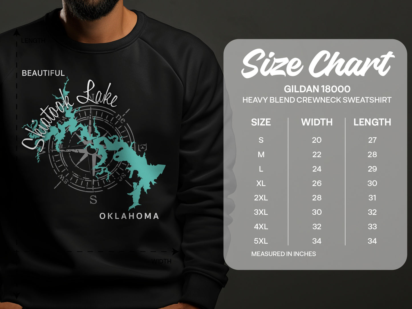 Black sweatshirt with "Beautiful Chatoook Lake Oklahoma" map design and size chart.
