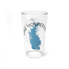 Clear pint glass printed with a blue map of Lake Monticello, South Carolina, and a compass rose.