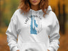 White hoodie with Lake McConaughy Nebraska graphic in blue and black.
