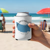 White can koozie with Lake McConaughy Nebraska map, held by hand on beach.