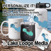 Mug, tumbler, and water bottle with Pearl Lake graphics and personalization text.