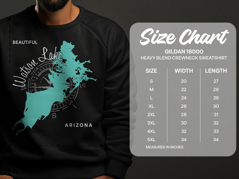 Crewneck sweatshirt with Arizona lake map and size chart.
